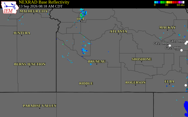 Current NEXRAD radar over Elmore County, Idaho with recent storm report locations