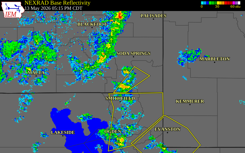 NEXRAD radar during the Wednesday, May 13, 2026 storm activity in Franklin County, Idaho