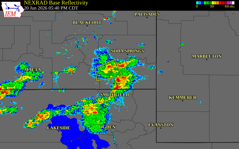 NEXRAD radar during the Saturday, June 20, 2026 storm activity in Franklin County, Idaho