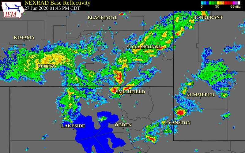 NEXRAD radar during the Saturday, June 27, 2026 storm activity in Franklin County, Idaho