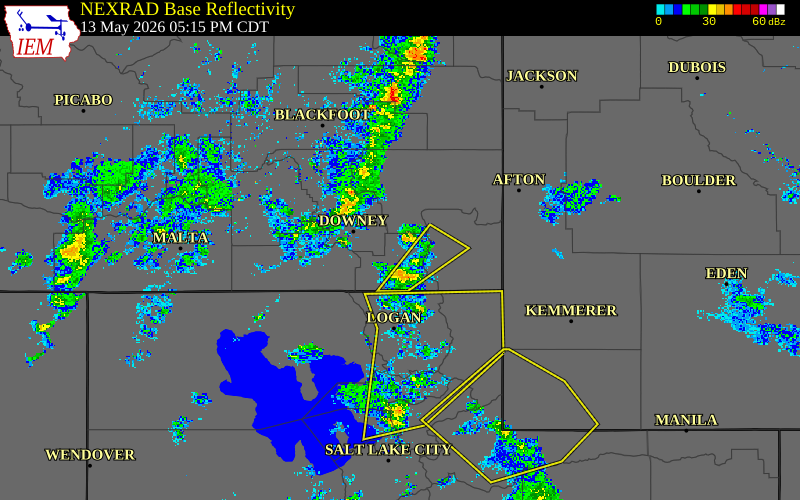Radar snapshot during the May 13, 2026 wind event near 6 NW Mink Creek, Franklin County, Idaho, with NWS warning polygons