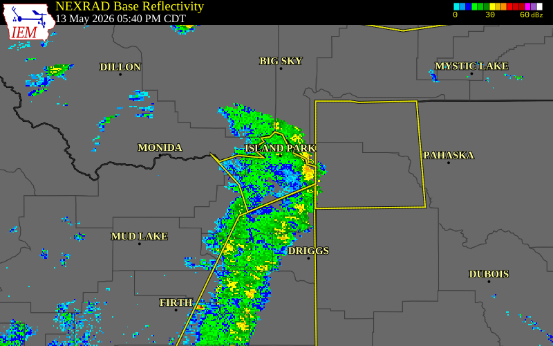 NEXRAD radar during the Wednesday, May 13, 2026 storm activity in Fremont County, Idaho