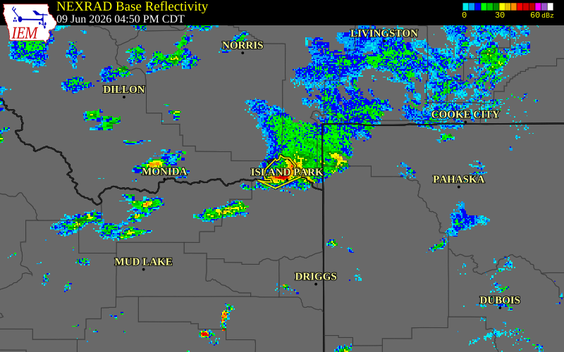 NEXRAD radar during the Tuesday, June 9, 2026 storm activity in Fremont County, Idaho
