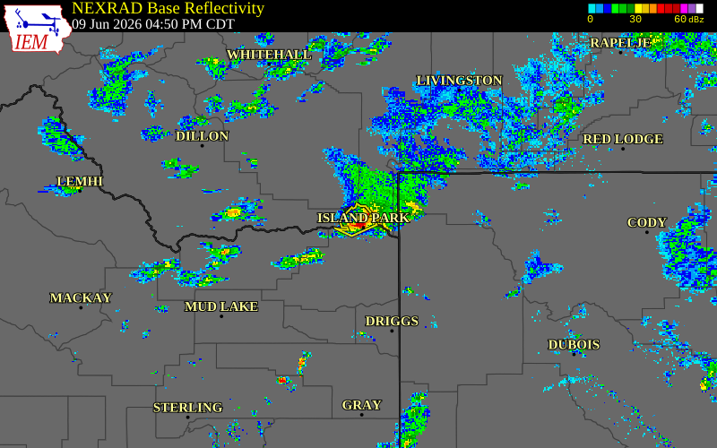 Radar snapshot during the Jun 9, 2026 hail event near 7 NNW Macks Inn, Fremont County, Idaho, with NWS warning polygons
