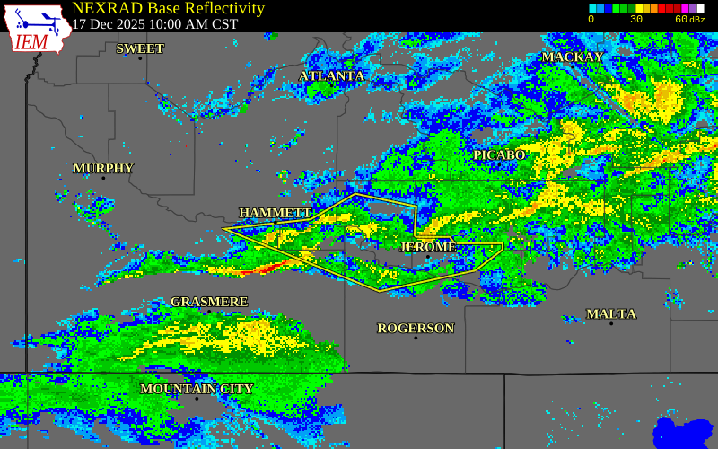 NEXRAD radar during the Wednesday, December 17, 2025 storm activity in Gooding County, Idaho