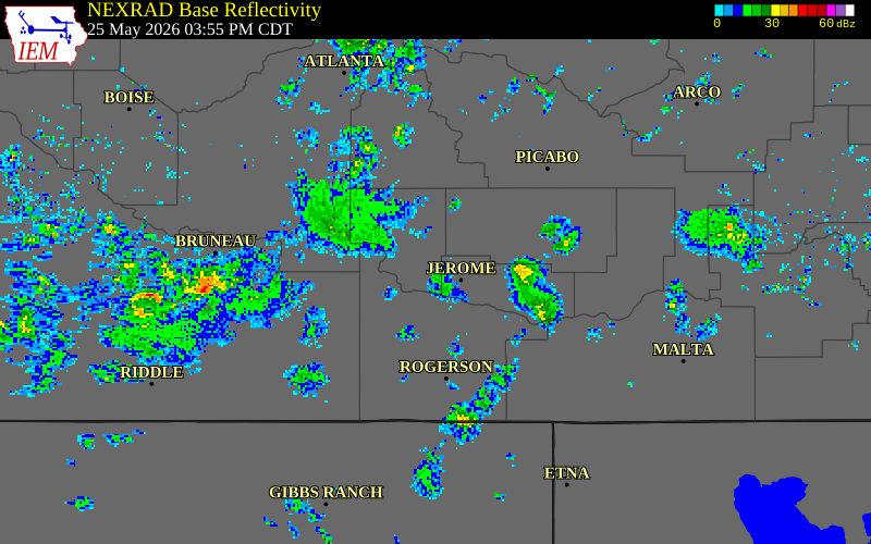 NEXRAD radar during the Monday, May 25, 2026 storm activity in Gooding County, Idaho