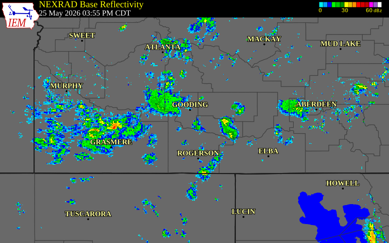 Radar snapshot during the May 25, 2026 wind event near 3 ESE Wendell, Gooding County, Idaho, with NWS warning polygons