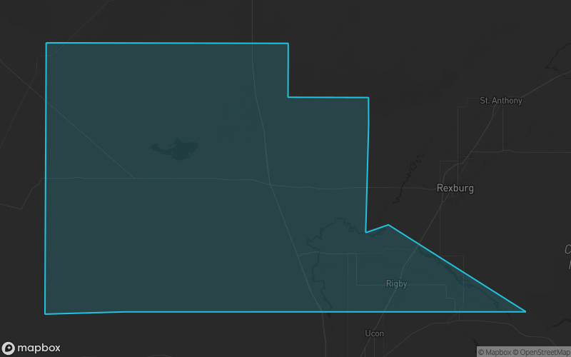 Map of Jefferson County, Idaho showing the county boundary and surrounding cities