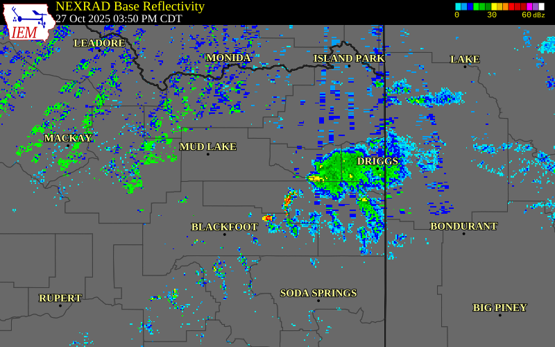 NEXRAD radar during the Monday, October 27, 2025 storm activity in Jefferson County, Idaho