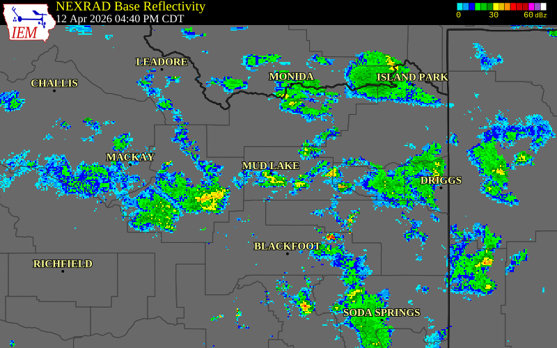 NEXRAD radar during the Sunday, April 12, 2026 storm activity in Jefferson County, Idaho