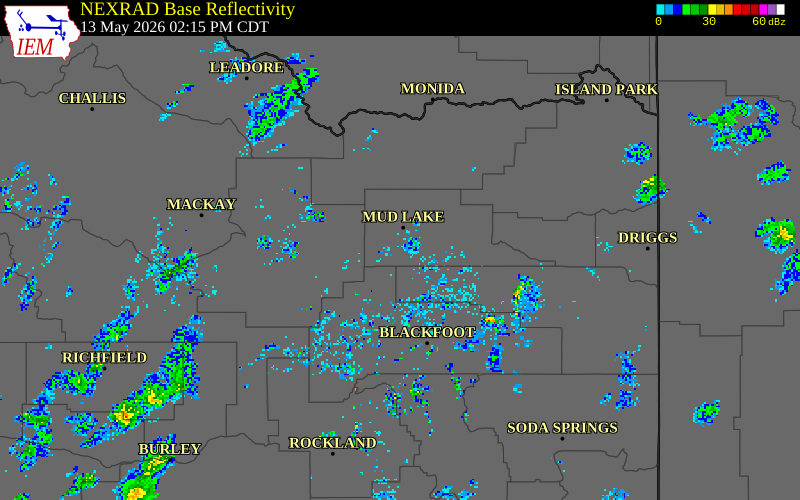 NEXRAD radar during the Wednesday, May 13, 2026 storm activity in Jefferson County, Idaho