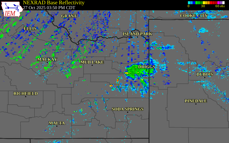 Radar snapshot during the Oct 27, 2025 tornado event near 1 N Rigby, Jefferson County, Idaho, with NWS warning polygons
