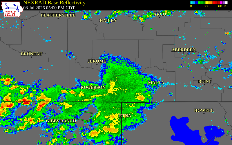 NEXRAD radar during the Wednesday, July 8, 2026 storm activity in Jerome County, Idaho