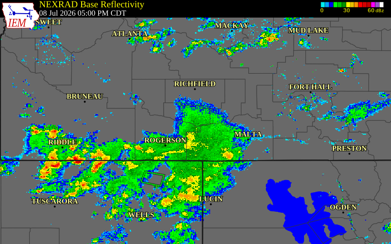 Radar snapshot during the Jul 8, 2026 wind event near 2 SSW Hazelton, Jerome County, Idaho, with NWS warning polygons