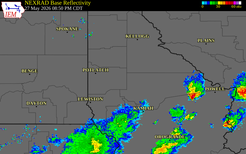 NEXRAD radar during the Wednesday, May 27, 2026 storm activity in Latah County, Idaho