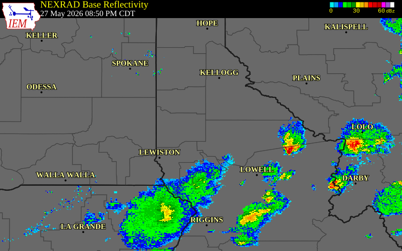 Radar snapshot during the May 27, 2026 hail event near Bovill, Latah County, Idaho, with NWS warning polygons