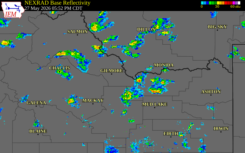 NEXRAD radar during the Wednesday, May 27, 2026 storm activity in Lemhi County, Idaho