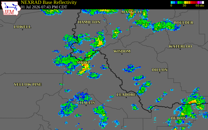 NEXRAD radar during the Wednesday, July 1, 2026 storm activity in Lemhi County, Idaho