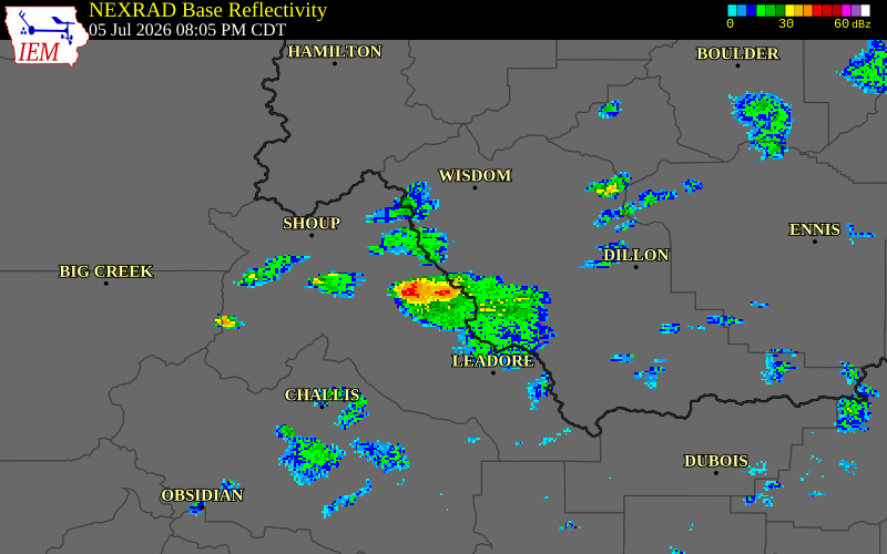 NEXRAD radar during the Sunday, July 5, 2026 storm activity in Lemhi County, Idaho