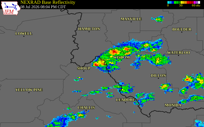 NEXRAD radar during the Wednesday, July 8, 2026 storm activity in Lemhi County, Idaho