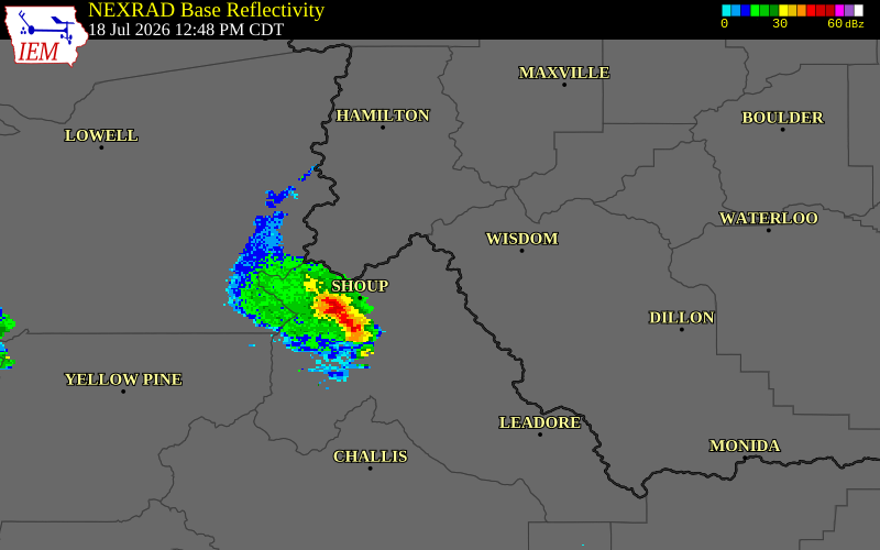 NEXRAD radar during the Saturday, July 18, 2026 storm activity in Lemhi County, Idaho