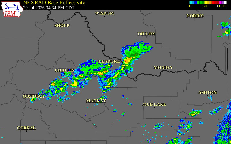 NEXRAD radar during the Wednesday, July 29, 2026 storm activity in Lemhi County, Idaho