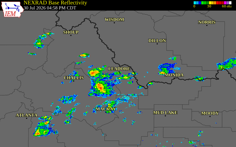 NEXRAD radar during the Thursday, July 30, 2026 storm activity in Lemhi County, Idaho