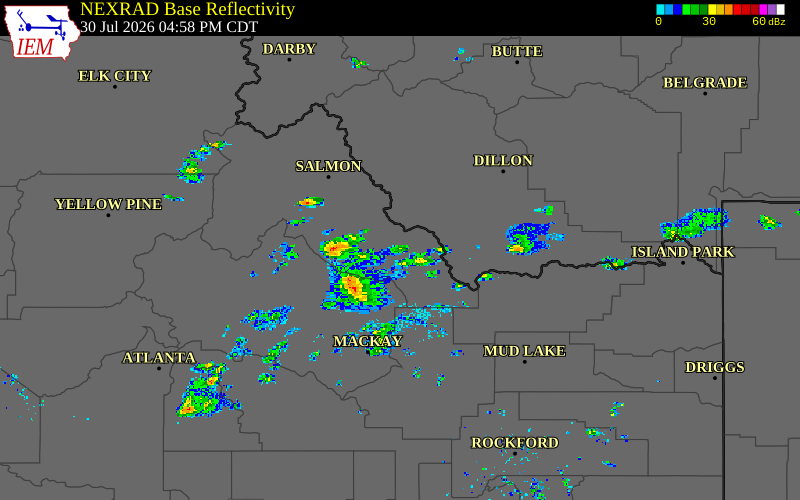 Radar snapshot during the Jul 30, 2026 wind event near Lemhi County, Lemhi County, Idaho, with NWS warning polygons