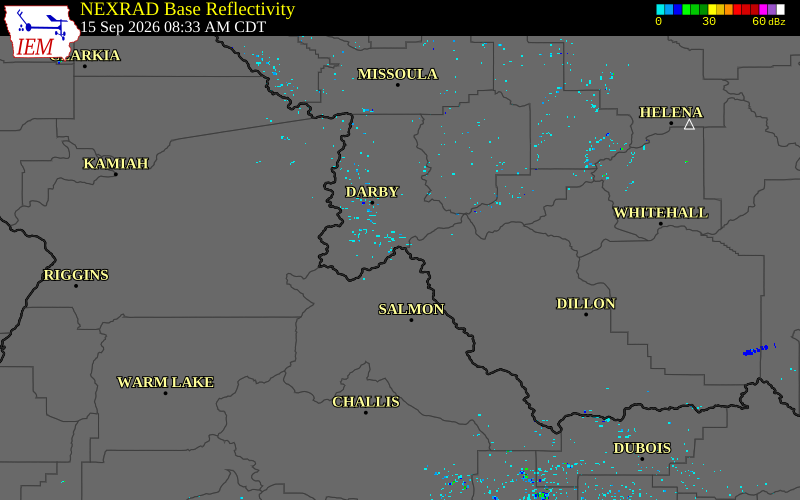 Current NEXRAD radar over Lemhi County, Idaho with recent storm report locations