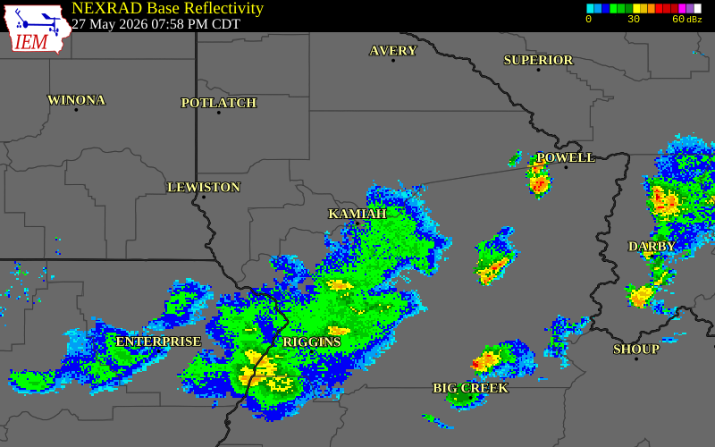 NEXRAD radar during the Wednesday, May 27, 2026 storm activity in Lewis County, Idaho