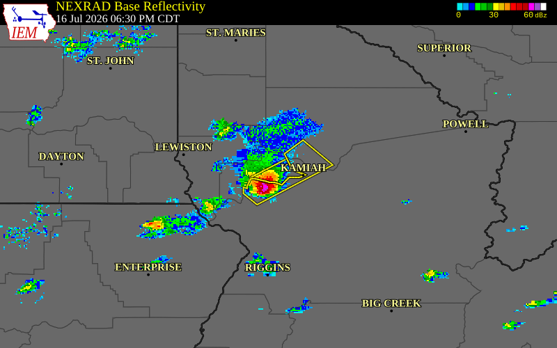 NEXRAD radar during the Thursday, July 16, 2026 storm activity in Lewis County, Idaho