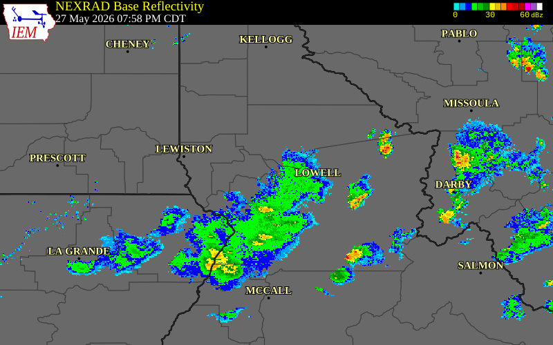 Radar snapshot during the May 27, 2026 hail event near Kamiah, Lewis County, Idaho, with NWS warning polygons