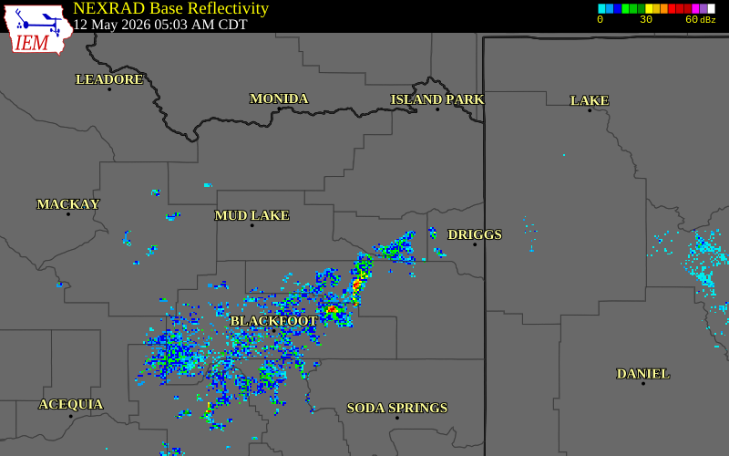 NEXRAD radar during the Tuesday, May 12, 2026 storm activity in Madison County, Idaho
