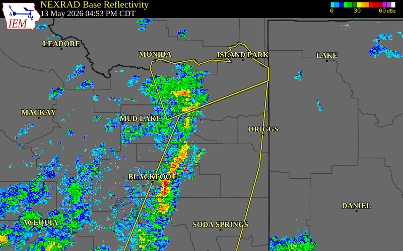 NEXRAD radar during the Wednesday, May 13, 2026 storm activity in Madison County, Idaho