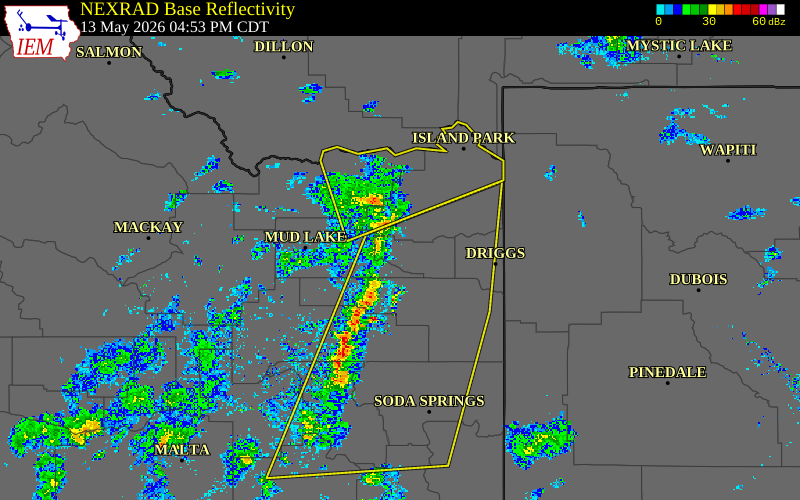 Radar snapshot during the May 13, 2026 wind event near 1 NW Rexburg, Madison County, Idaho, with NWS warning polygons