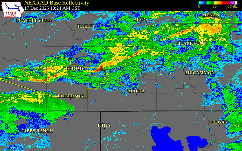 NEXRAD radar during the Wednesday, December 17, 2025 storm activity in Minidoka County, Idaho