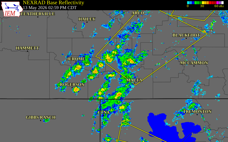 NEXRAD radar during the Wednesday, May 13, 2026 storm activity in Minidoka County, Idaho