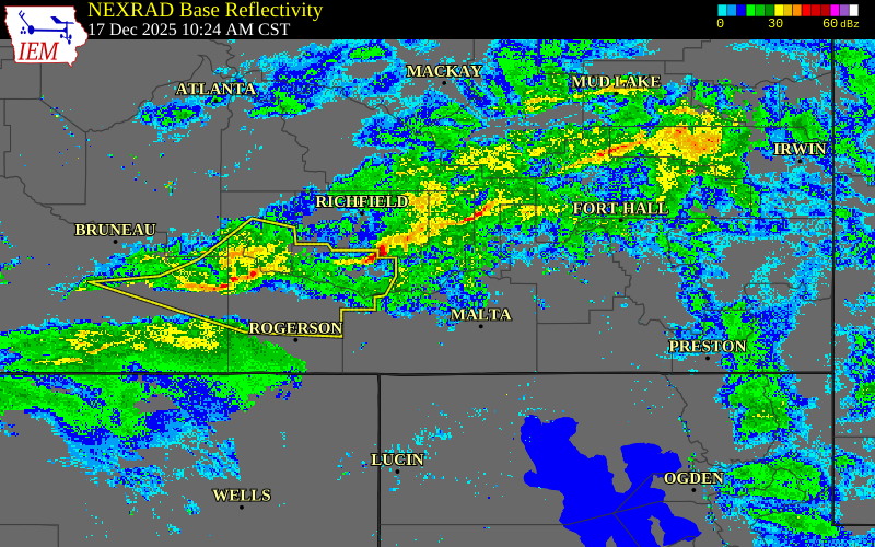 Radar snapshot during the Dec 17, 2025 wind event near 3 NNE Rupert, Minidoka County, Idaho, with NWS warning polygons