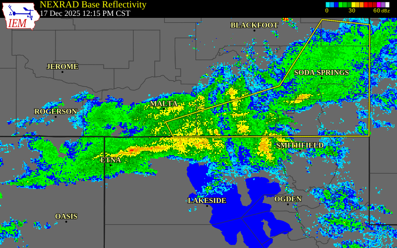NEXRAD radar during the Wednesday, December 17, 2025 storm activity in Oneida County, Idaho