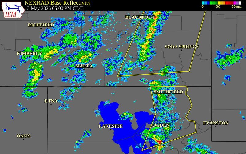 NEXRAD radar during the Wednesday, May 13, 2026 storm activity in Oneida County, Idaho