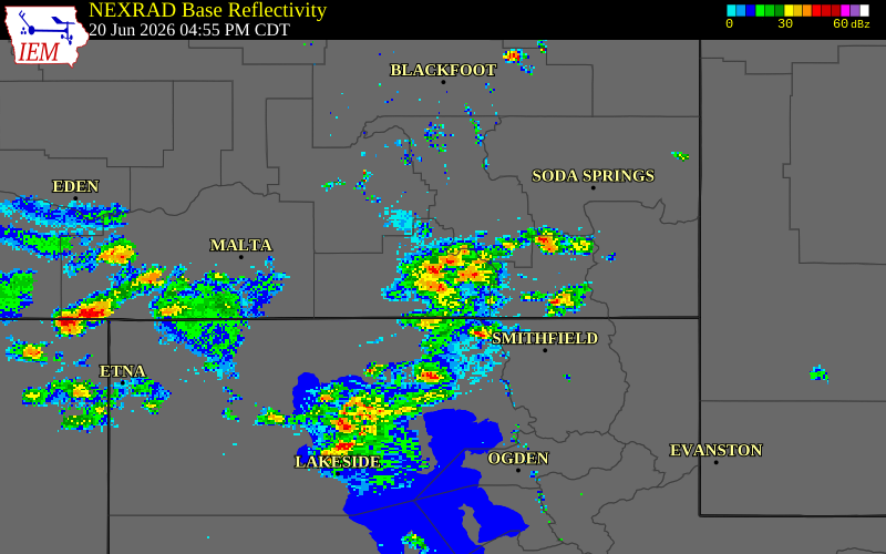 NEXRAD radar during the Saturday, June 20, 2026 storm activity in Oneida County, Idaho