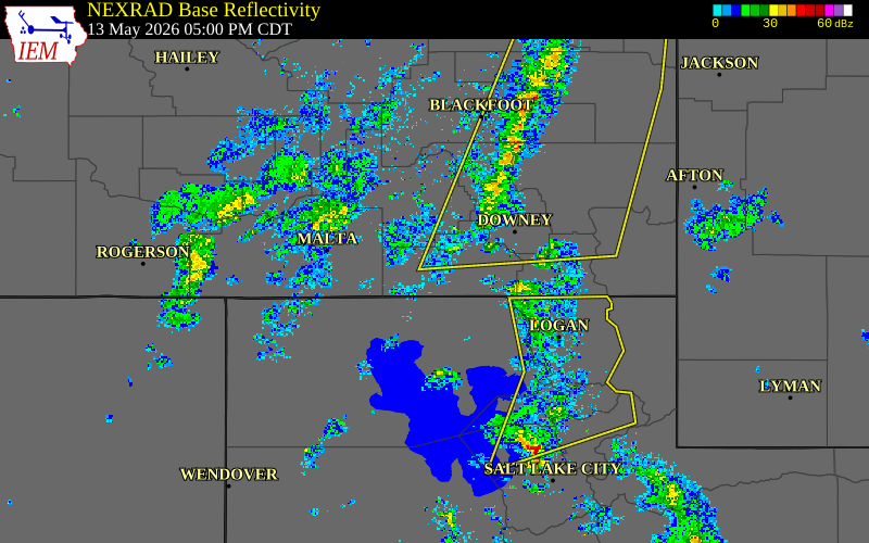 Radar snapshot during the May 13, 2026 wind event near Holbrook, Oneida County, Idaho, with NWS warning polygons