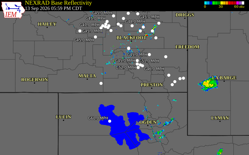 Current NEXRAD radar over Oneida County, Idaho with recent storm report locations