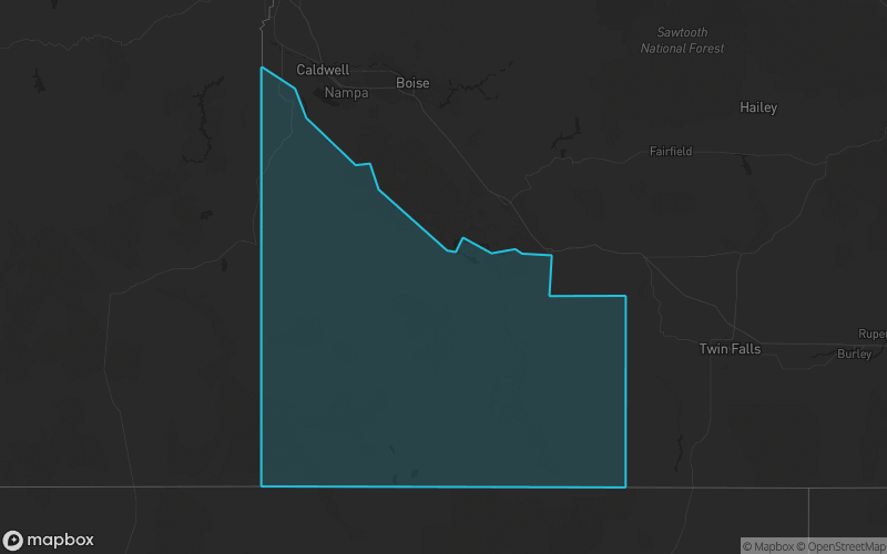 Map of Owyhee County, Idaho showing the county boundary and surrounding cities