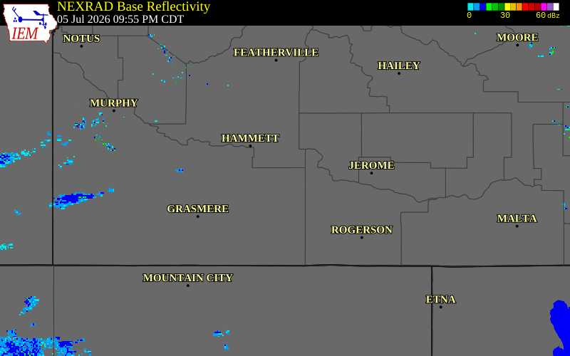 NEXRAD radar during the Sunday, July 5, 2026 storm activity in Owyhee County, Idaho