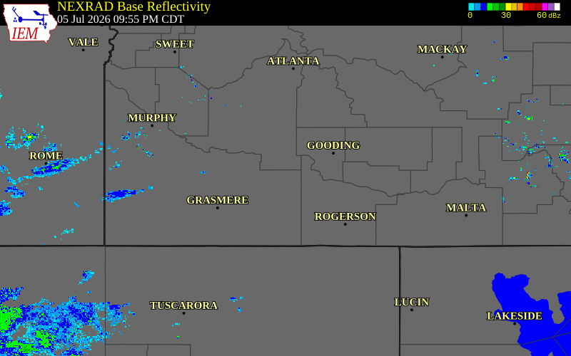 Radar snapshot during the Jul 5, 2026 wind event near 17 WSW Hagerman, Owyhee County, Idaho, with NWS warning polygons
