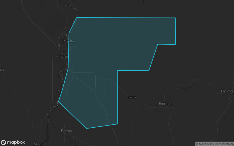 Map of Payette County, Idaho showing the county boundary and surrounding cities