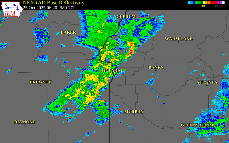 NEXRAD radar during the Saturday, October 25, 2025 storm activity in Payette County, Idaho