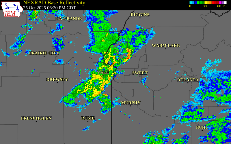 Radar snapshot during the Oct 25, 2025 wind event near Payette, Payette County, Idaho, with NWS warning polygons