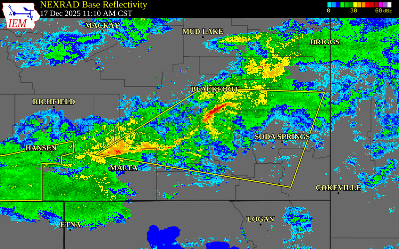 NEXRAD radar during the Wednesday, December 17, 2025 storm activity in Power County, Idaho